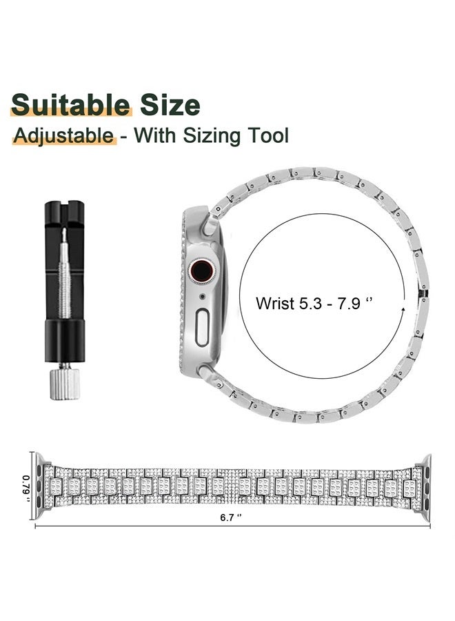 Mosonio Compatible with Apple Watch Band Series 8/7 45mm with Case Women, Bling Metal Wristband Strap with 2 Pack Bling PC Protective Cover for iWatch 45mm Series 8/7(45mm, Silver) - Image 3