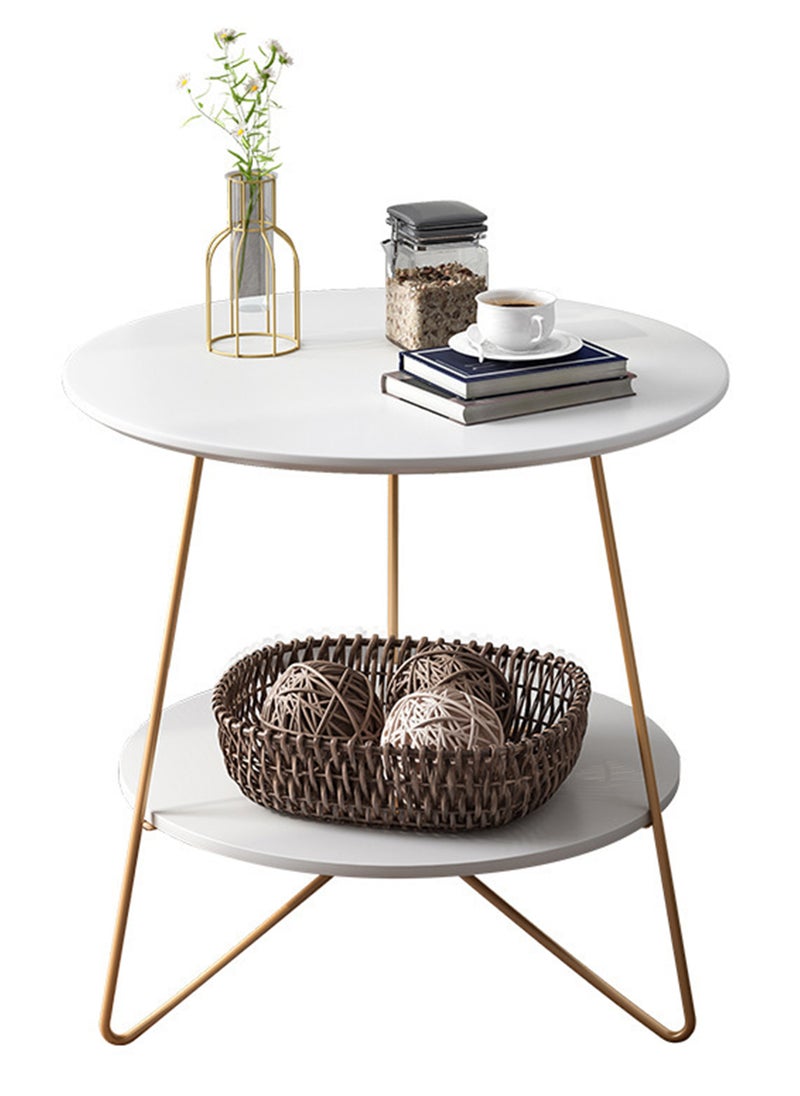 Sharpdo Living Room Sofa Side Table Double Layer Small Coffee Table Metal Frame White Round Coffee Table 48*48*50CM - Image 1