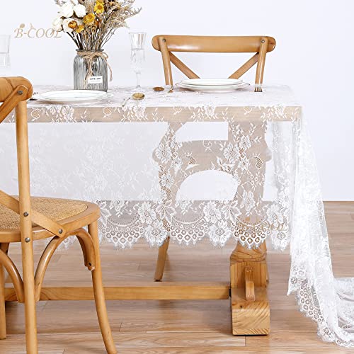 BCOOL B-COOL White Lace Tablecloth 60 X120 Inches Rectangle Vintage Embroidered Bridal Wedding Tablecloths Sheer Overlay for Rustic Outdoor Party Reception Home Decor - Image 4