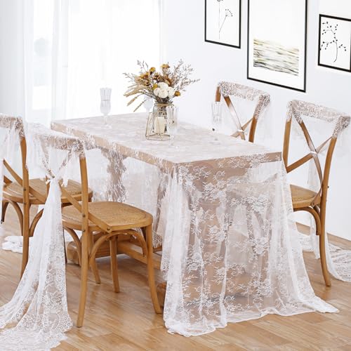 BCOOL B-COOL White Lace Tablecloth 60 X120 Inches Rectangle Vintage Embroidered Bridal Wedding Tablecloths Sheer Overlay for Rustic Outdoor Party Reception Home Decor - Image 2