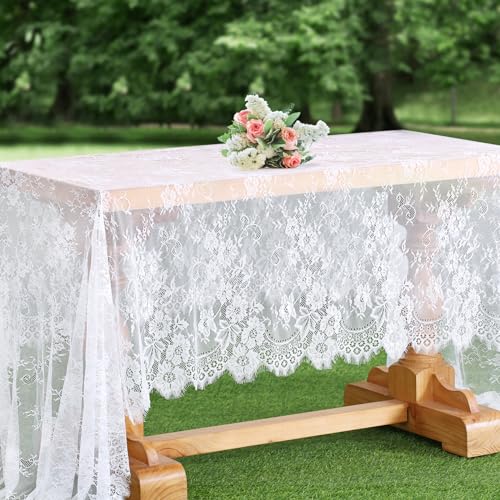 BCOOL B-COOL White Lace Tablecloth 60 X120 Inches Rectangle Vintage Embroidered Bridal Wedding Tablecloths Sheer Overlay for Rustic Outdoor Party Reception Home Decor - Image 5