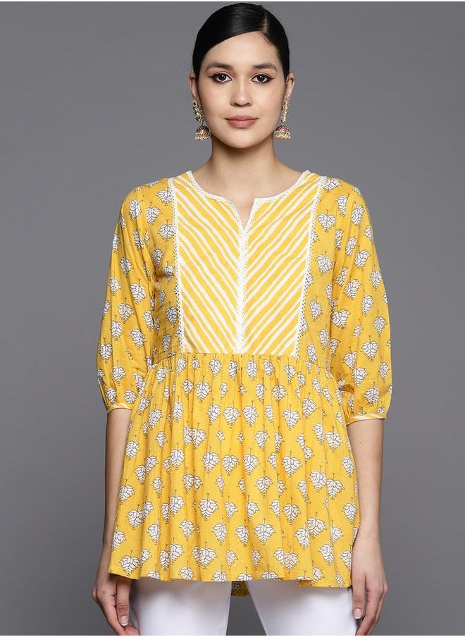 Libas - Printed Notch Neck Lace Detail Kurti Top by Styli - Image 1