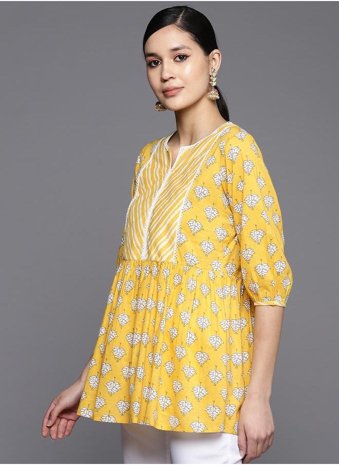 Libas - Printed Notch Neck Lace Detail Kurti Top by Styli - Image 1