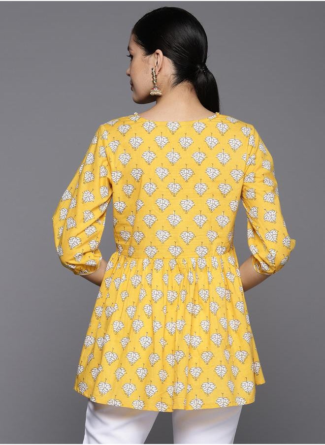 Libas - Printed Notch Neck Lace Detail Kurti Top by Styli - Image 1