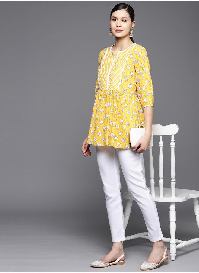 Libas - Printed Notch Neck Lace Detail Kurti Top by Styli - Image 1