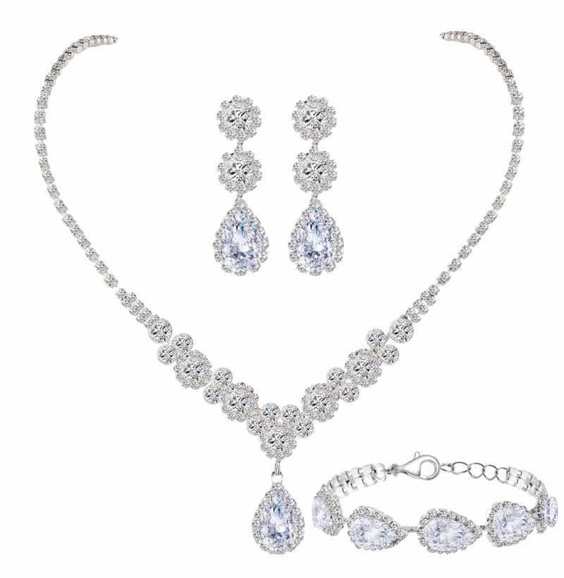 Paxuan Silver / Gold Rhinestone Crystal Wedding Bridal Bridesmaids Earrings Bracelet Set for Women Brides Bridesmaids Crystal Rhinestone Jewelry Set for Wedding Bridal Prom Pageant (Style2 - Necklace + Earrings + Bracelet(Silver Plated White Cubic Zirconia)) - Image 1