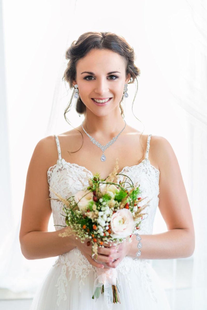 Paxuan Silver / Gold Rhinestone Crystal Wedding Bridal Bridesmaids Earrings Bracelet Set for Women Brides Bridesmaids Crystal Rhinestone Jewelry Set for Wedding Bridal Prom Pageant (Style2 - Necklace + Earrings + Bracelet(Silver Plated White Cubic Zirconia)) - Image 4