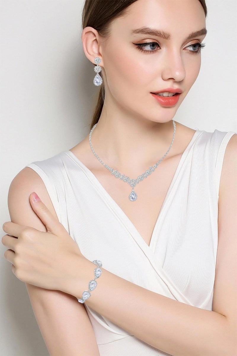 Paxuan Silver / Gold Rhinestone Crystal Wedding Bridal Bridesmaids Earrings Bracelet Set for Women Brides Bridesmaids Crystal Rhinestone Jewelry Set for Wedding Bridal Prom Pageant (Style2 - Necklace + Earrings + Bracelet(Silver Plated White Cubic Zirconia)) - Image 3