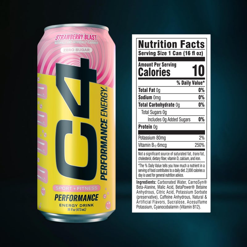 Cellucor C4 Performance Energy Drink | Strawberry Blast | Zero Sugar Carbonated Preworkout Energy | 200mg Caffeine with Beta Alanine | 16 Fl Oz (12 Pack) - Image 3