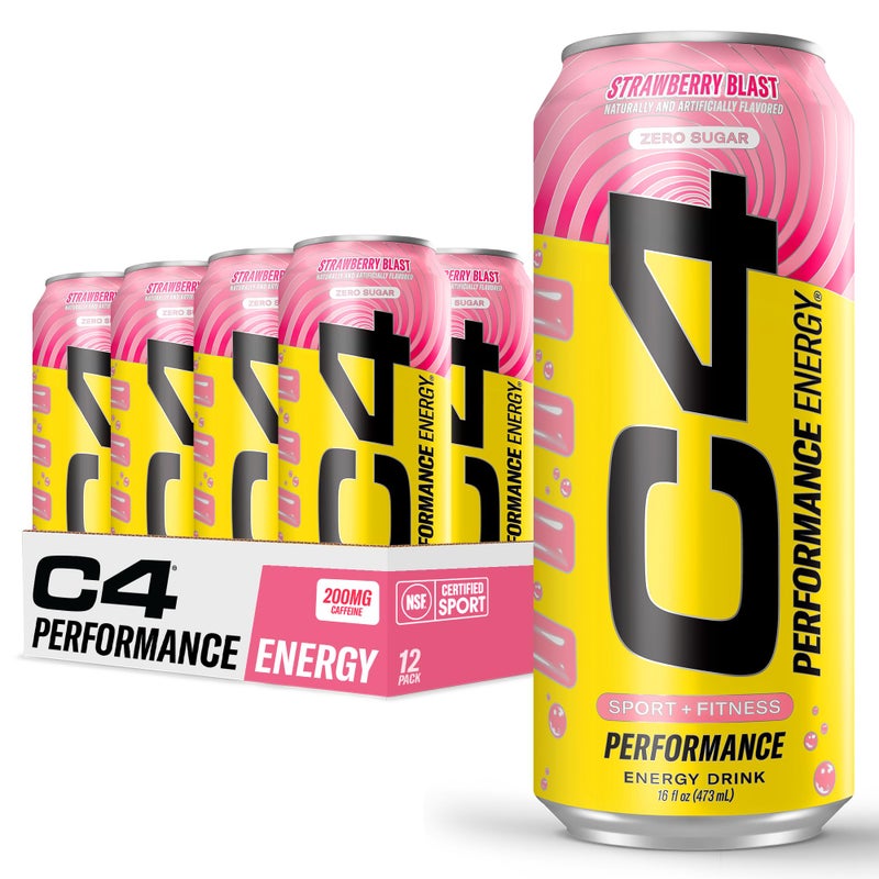 Cellucor C4 Performance Energy Drink | Strawberry Blast | Zero Sugar Carbonated Preworkout Energy | 200mg Caffeine with Beta Alanine | 16 Fl Oz (12 Pack) - Image 1