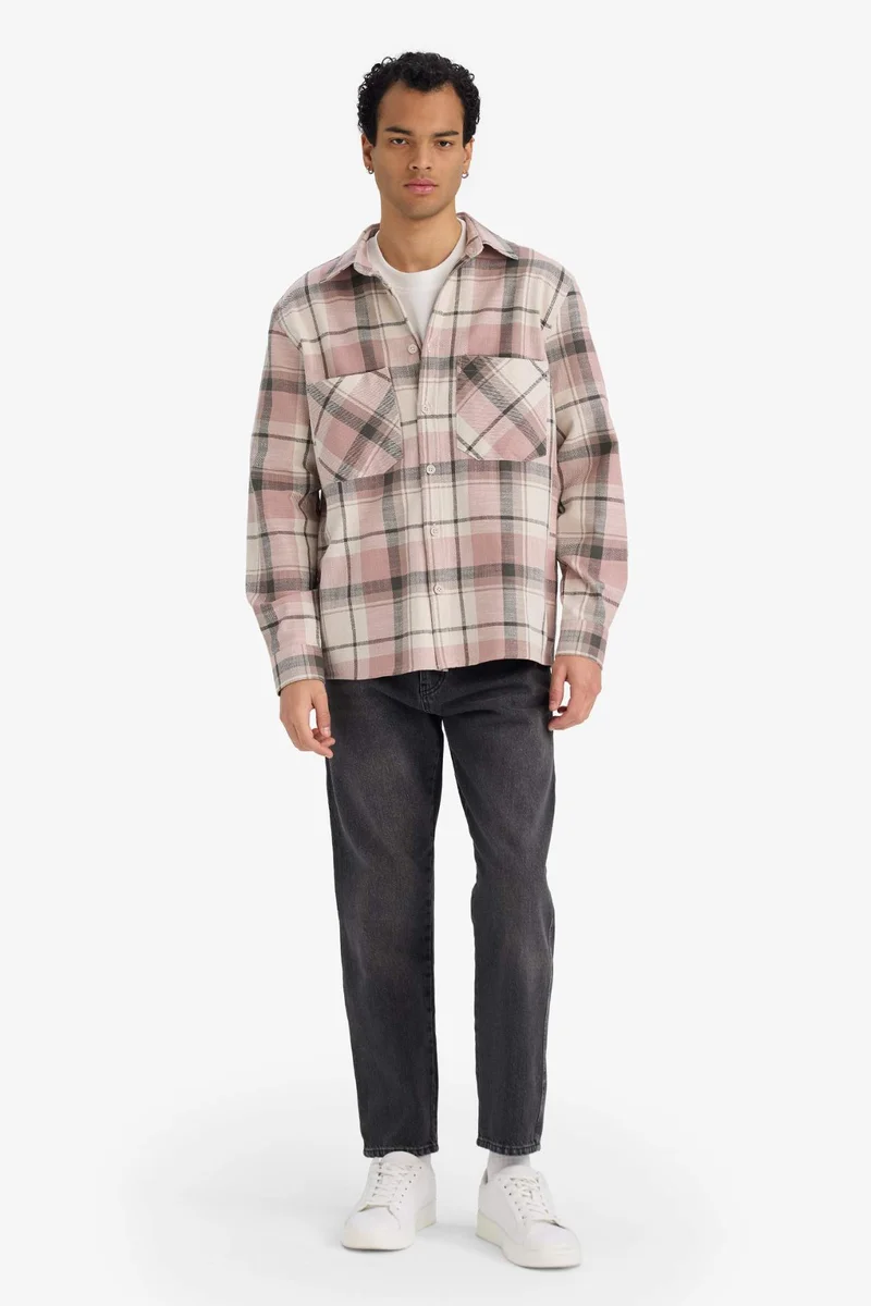 ديفاكتو Regular Fit Polo Neck Plaid Flannel Long Sleeve Shirt