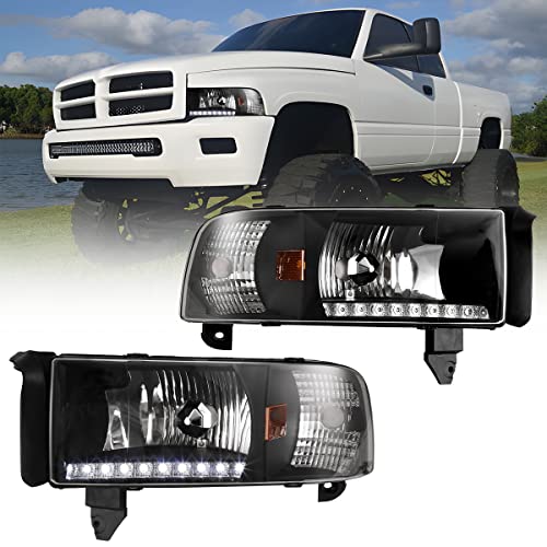 ROXX Headlights Assembly for 1994-2001 Dodge Ram 1500 2500 3500, 1995-2002 Dodge Ram 4000, Headlights w/Led Drl, Amber Reflector, High Low Beam, Driver & Passenger Side (With Led DRL) - Image 1