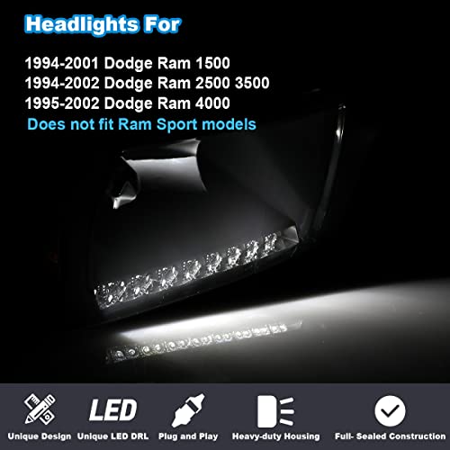 ROXX Headlights Assembly for 1994-2001 Dodge Ram 1500 2500 3500, 1995-2002 Dodge Ram 4000, Headlights w/Led Drl, Amber Reflector, High Low Beam, Driver & Passenger Side (With Led DRL) - Image 3