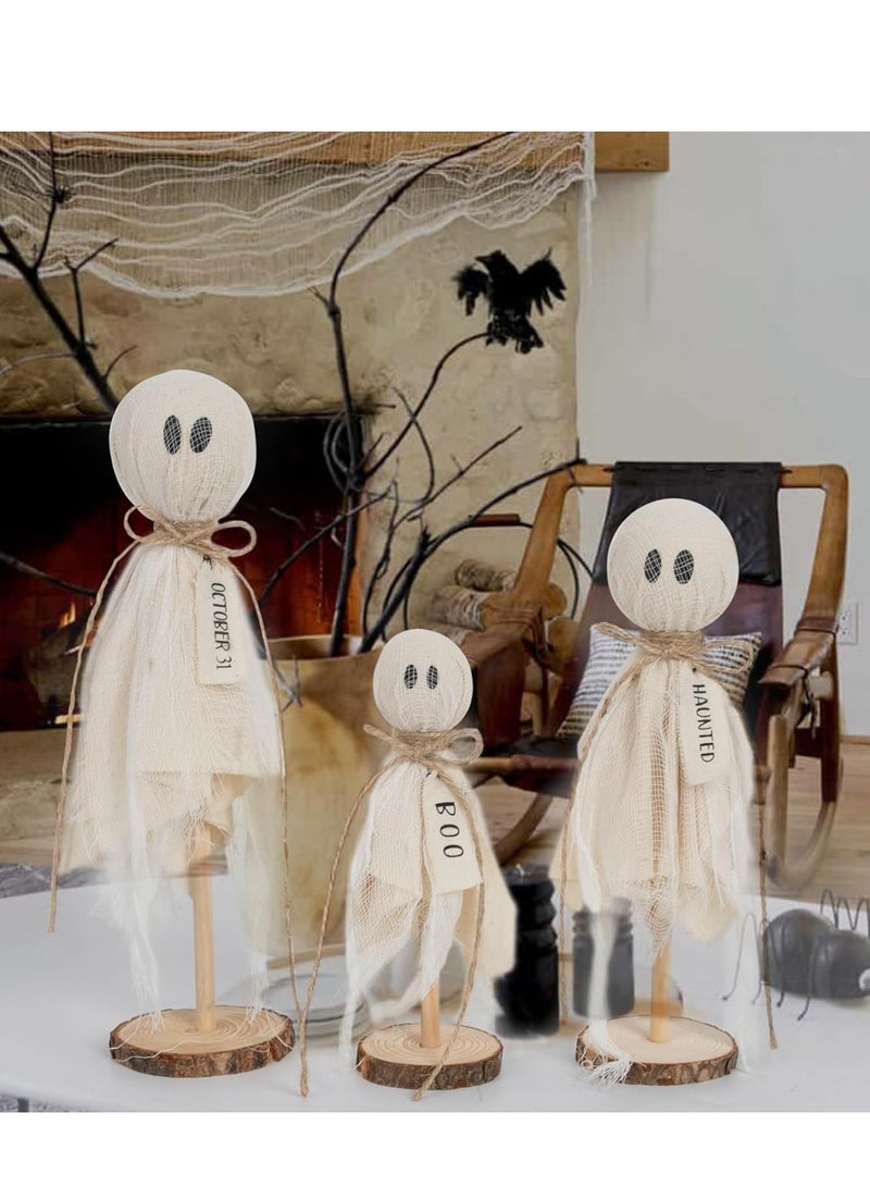Halloween Decorations Indoor - Set of 3 Primitive Halloween Ghosts on Wooden Stand for Table Centerpieces, Shelves, and Mantels - Spooky Halloween Decor