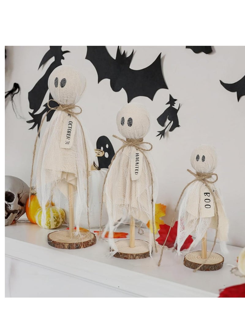Halloween Decorations Indoor - Set of 3 Primitive Halloween Ghosts on Wooden Stand for Table Centerpieces, Shelves, and Mantels - Spooky Halloween Decor