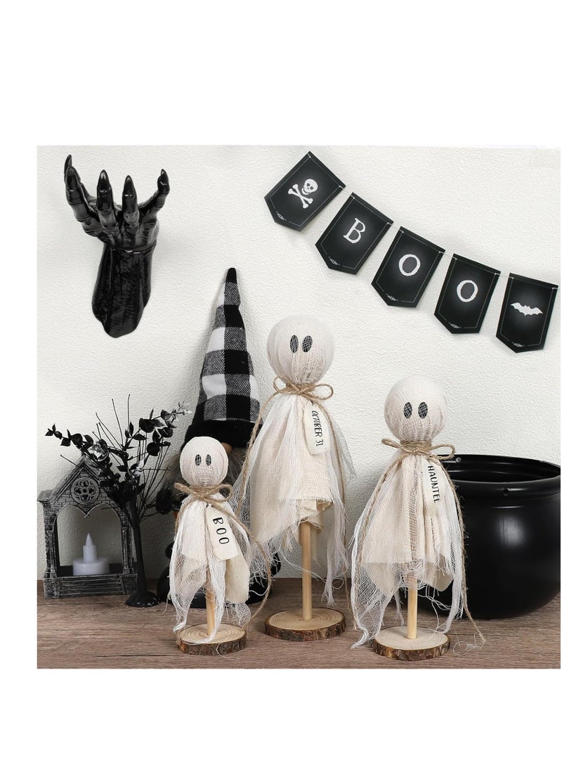 Halloween Decorations Indoor - Set of 3 Primitive Halloween Ghosts on Wooden Stand for Table Centerpieces, Shelves, and Mantels - Spooky Halloween Decor