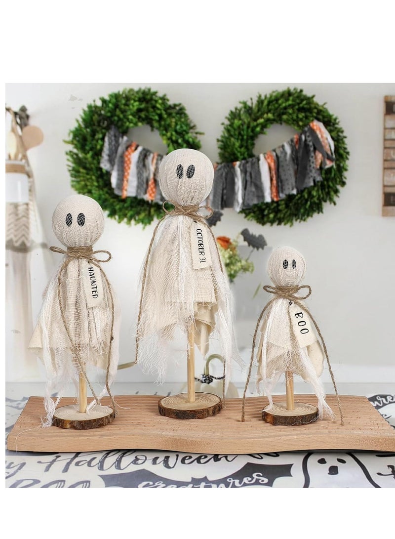 Halloween Decorations Indoor - Set of 3 Primitive Halloween Ghosts on Wooden Stand for Table Centerpieces, Shelves, and Mantels - Spooky Halloween Decor