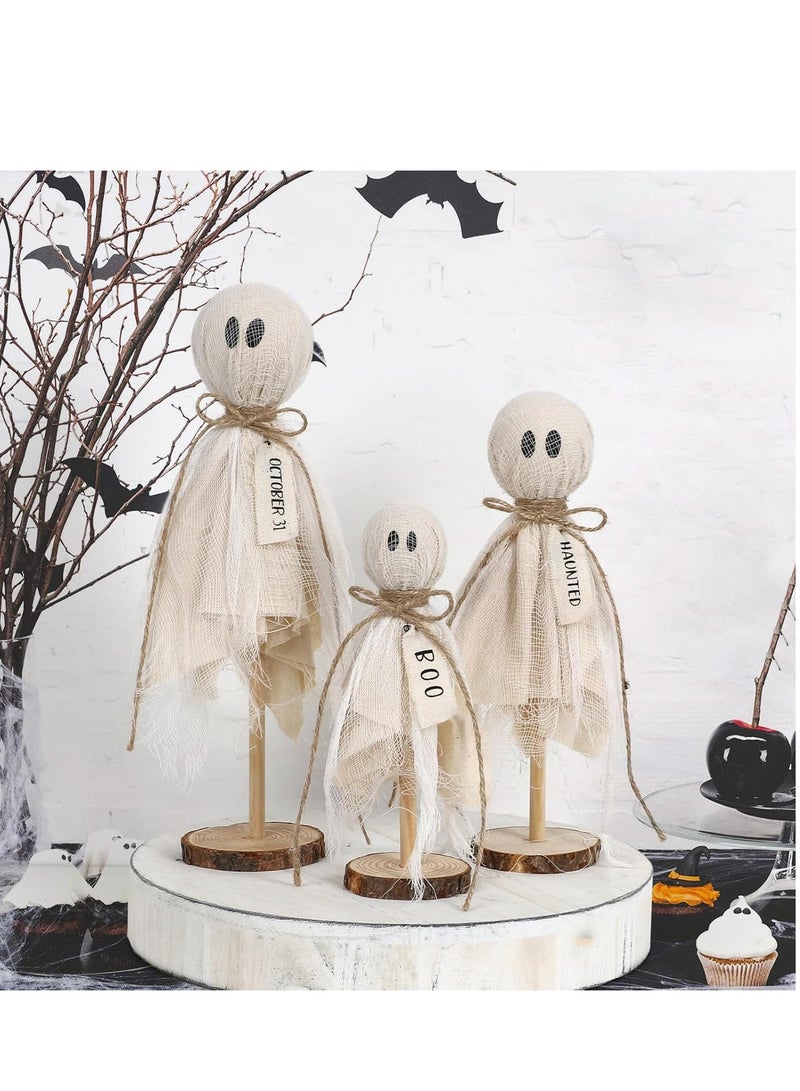Halloween Decorations Indoor - Set of 3 Primitive Halloween Ghosts on Wooden Stand for Table Centerpieces, Shelves, and Mantels - Spooky Halloween Decor