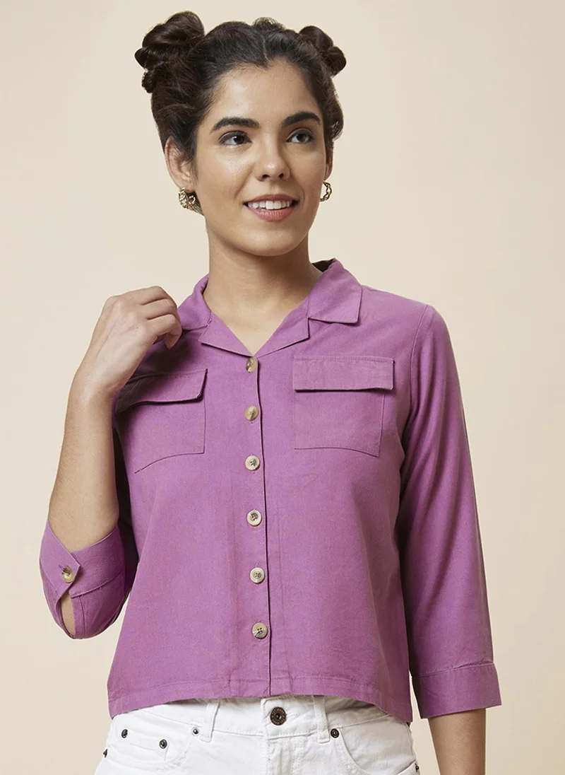globus Globus Women Purple Crop Three-Quarter Sleeves Shirt Style Top