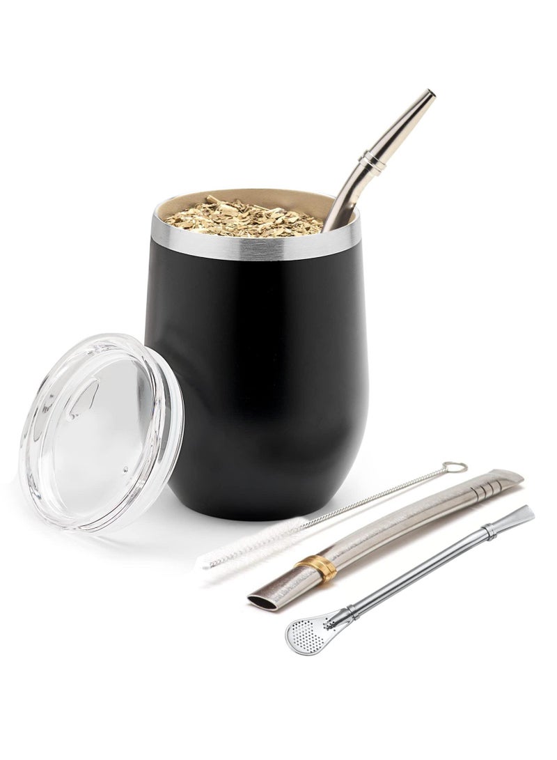 Sweet seven Premium Double Walled Stainless Steel Yerba Mate Set with Cup and two different drinking straws and Cleaning Brush - Modern Mate Cup for a Rich and Refreshing Mate Tea Experience (Black) - Image 1