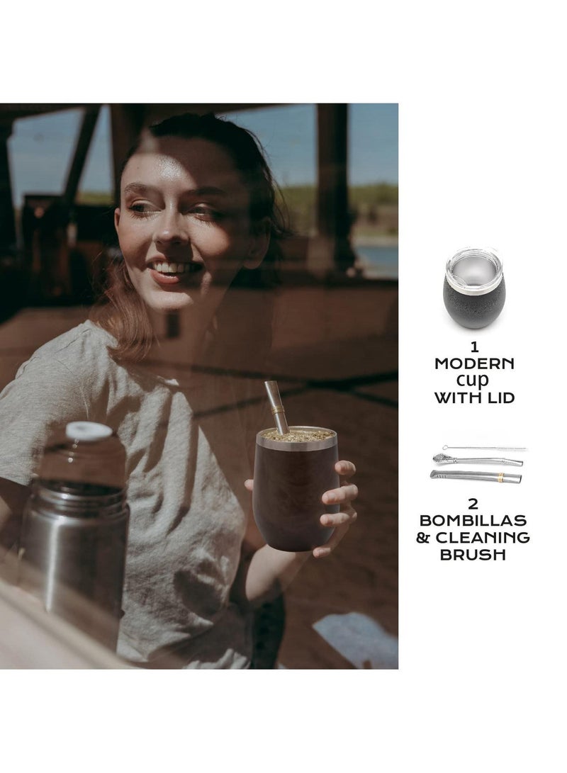 Sweet seven Premium Double Walled Stainless Steel Yerba Mate Set with Cup and two different drinking straws and Cleaning Brush - Modern Mate Cup for a Rich and Refreshing Mate Tea Experience (Black) - Image 2