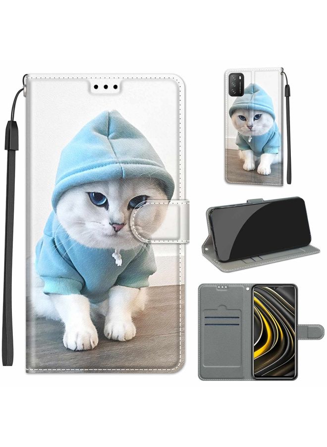 HuHa Case Cover For Xiaomi Poco M3 Voltage Coloured Drawing Magnetic Clasp Horizontal Flip PU Leather Case with Holder & Card Slots C15 Blue Sweater White Cat