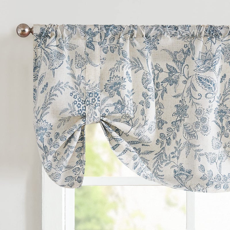 Lazzzy Lazzzy Kitchen Tie Up Valance Curtain Linen Floral Farmhouse Valance for Living Room Bathroom Bedroom Country Valances Window Treatments Small Cafe Curtian 20 Inch Rod Pocket 1 Panel Blue on Beige 