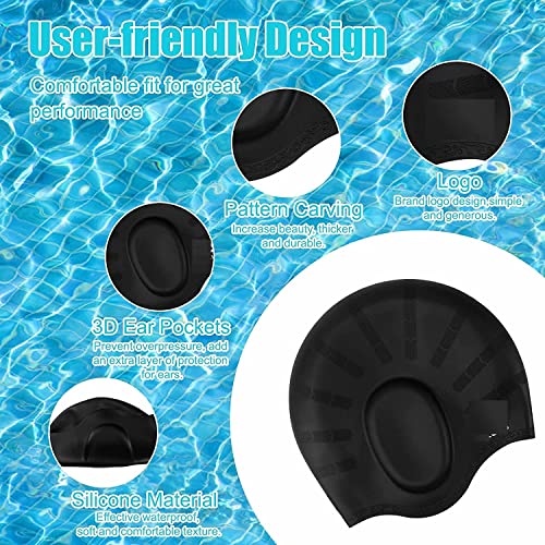 Spanker Unisex Swim Caps with 3D Ear Protection,Silicone Swimming Hats for Women Men Kids Adults Pack of 2 (Blue and Black Combo) with Ear and Nose Protection Set SSTP - Image 2