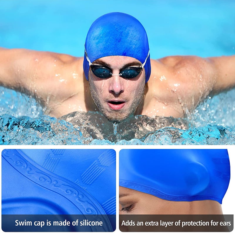 Spanker Unisex Swim Caps with 3D Ear Protection,Silicone Swimming Hats for Women Men Kids Adults Pack of 2 (Blue and Black Combo) with Ear and Nose Protection Set SSTP - Image 5