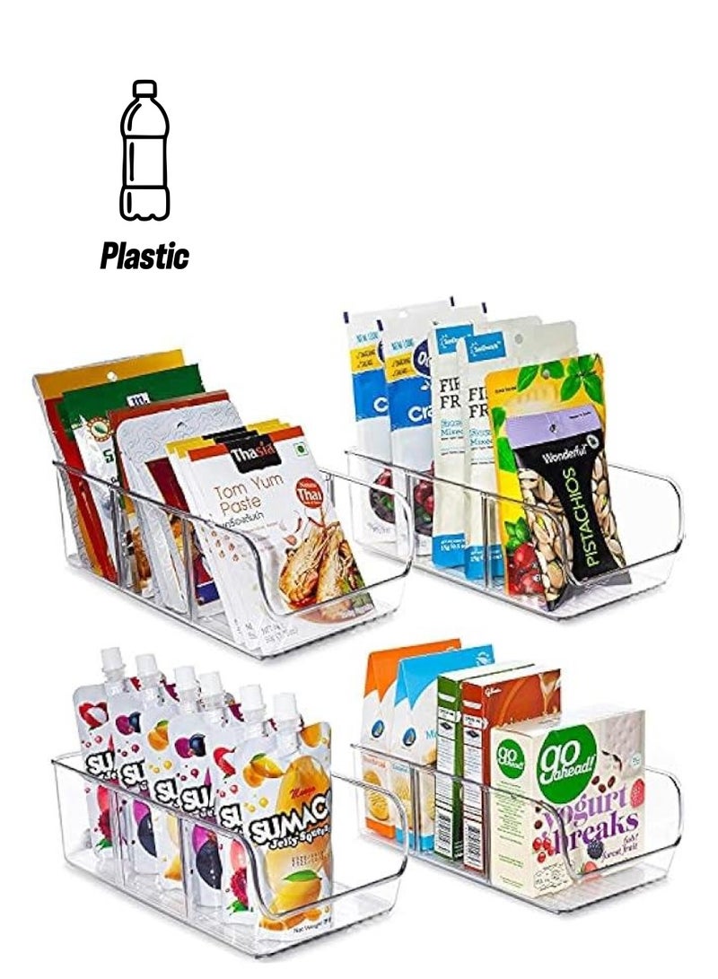 MIXDE 4 Pack Food Packet Organizer Bins, Plastic Clear Pantry Bins for Holding Seasoning Packets, Spice Packets, Pouches, Snacks in Kitchen, Cabinets or Countertop, with 2 Removable Dividers  - Image 1