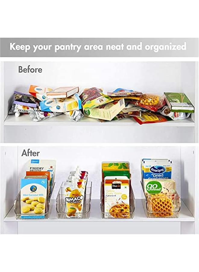 MIXDE 4 Pack Food Packet Organizer Bins, Plastic Clear Pantry Bins for Holding Seasoning Packets, Spice Packets, Pouches, Snacks in Kitchen, Cabinets or Countertop, with 2 Removable Dividers  - Image 2