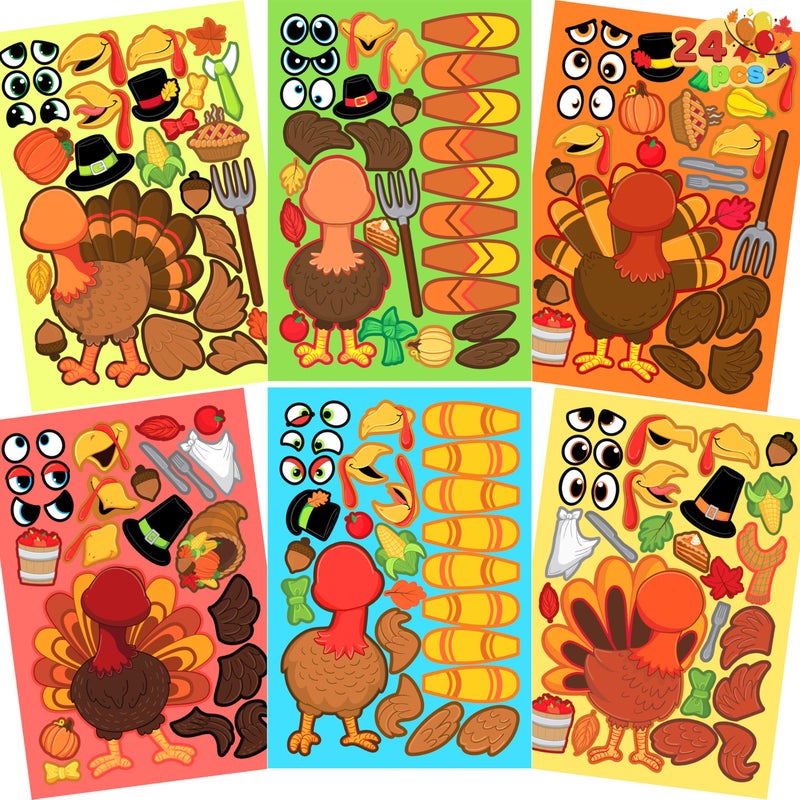 JOYIN 24 Pcs Thanksgiving Make A Face Sticker Decoration Make Your Own Arts Crafts Turkey Stickers Thanksgiving Decoration Craft Kit for Kids School Activities Party Favor Supplies