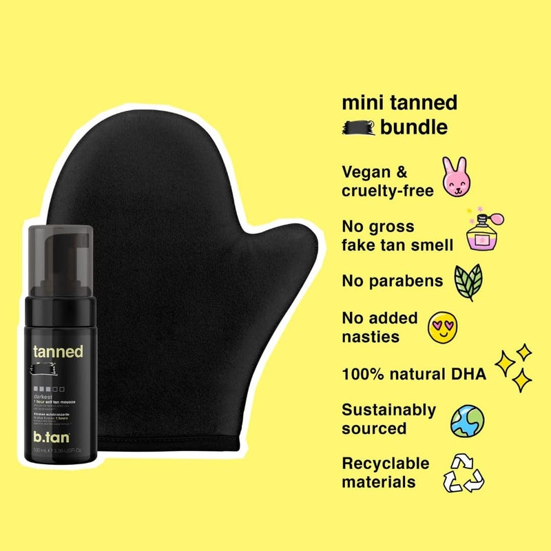 b tan b.tan Travel Size Dark Self Tanner Kit | Get Tanned Mini Bundle - Dark Fake Tanning Mousse with Mitt Applicator, 1 Hour Express Sunless Foam, Best Fast Bronzing Glow, Vegan, Cruelty Free, 3 Fl Oz - Image 3
