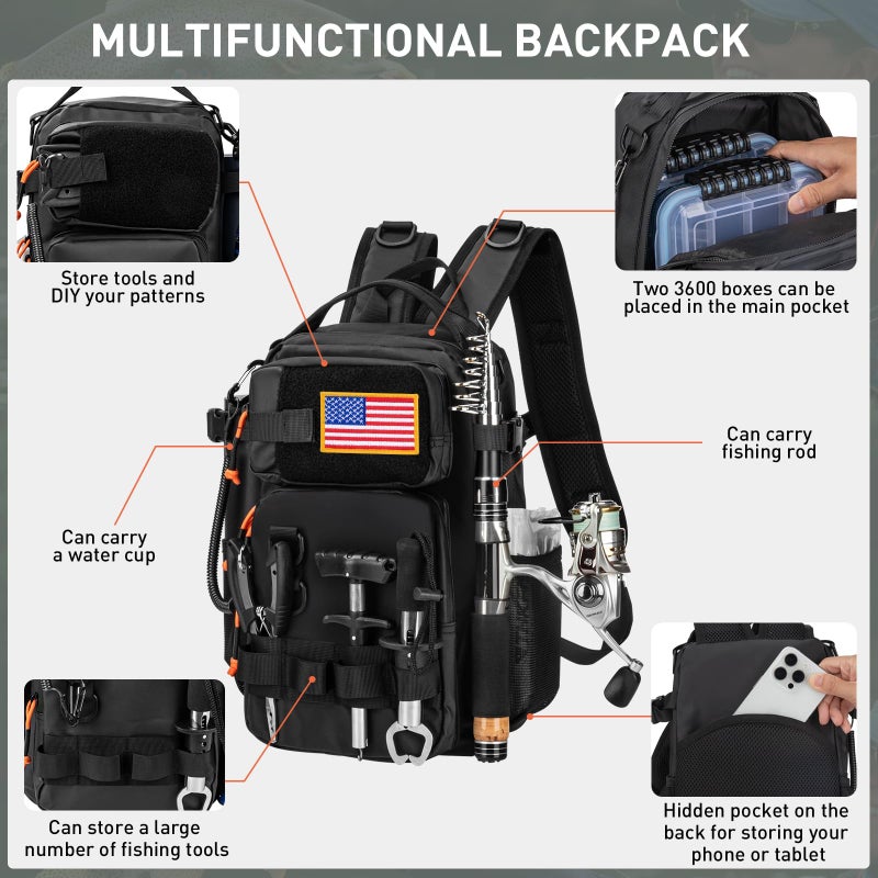 THKFISH Fishing Backpack with Rod Holder, Fishing Tool Kit, Water-Resistant Bag With Fishing Lures Kit, Fishing Tackle Box and Pliers Set for Men Women (Black-87pcs) - Image 3