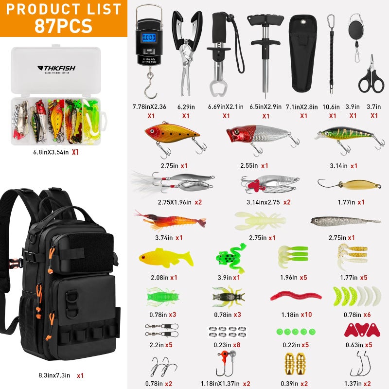 THKFISH Fishing Backpack with Rod Holder, Fishing Tool Kit, Water-Resistant Bag With Fishing Lures Kit, Fishing Tackle Box and Pliers Set for Men Women (Black-87pcs) - Image 5