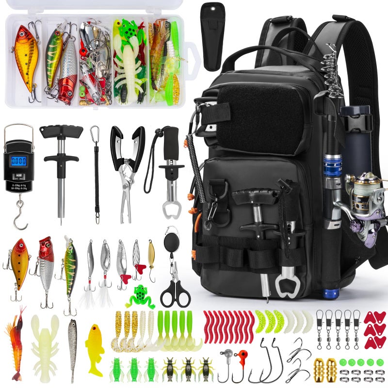 THKFISH Fishing Backpack with Rod Holder, Fishing Tool Kit, Water-Resistant Bag With Fishing Lures Kit, Fishing Tackle Box and Pliers Set for Men Women (Black-87pcs) - Image 1