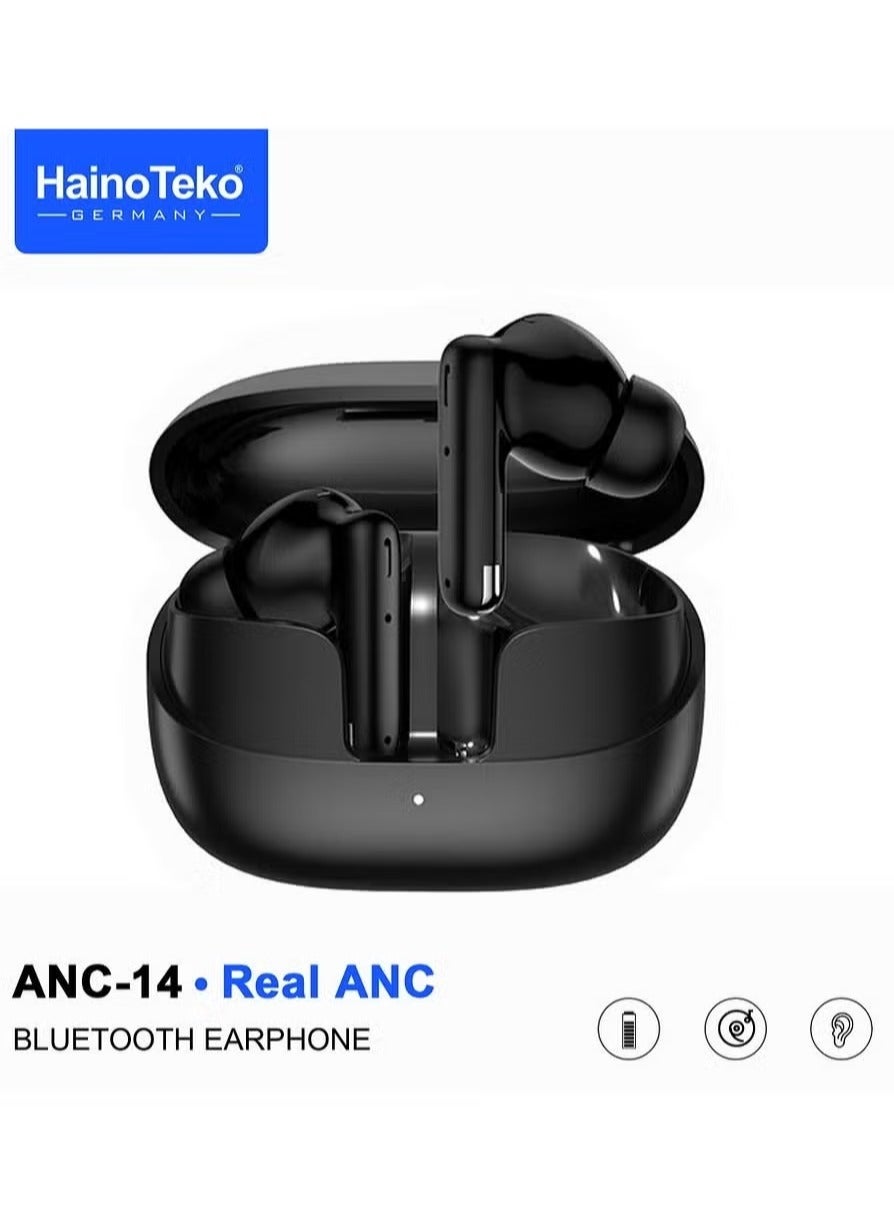 ANC-14 Bluetooth Earphones with Real Active Noise Cancellation, Bass Music Experience, Super Clear Microphone & Multi-Functional Touch Control – Compatible with Android Mobiles & Tablets – Stylish Black Wireless Earbuds for Ultimate Sound Quality