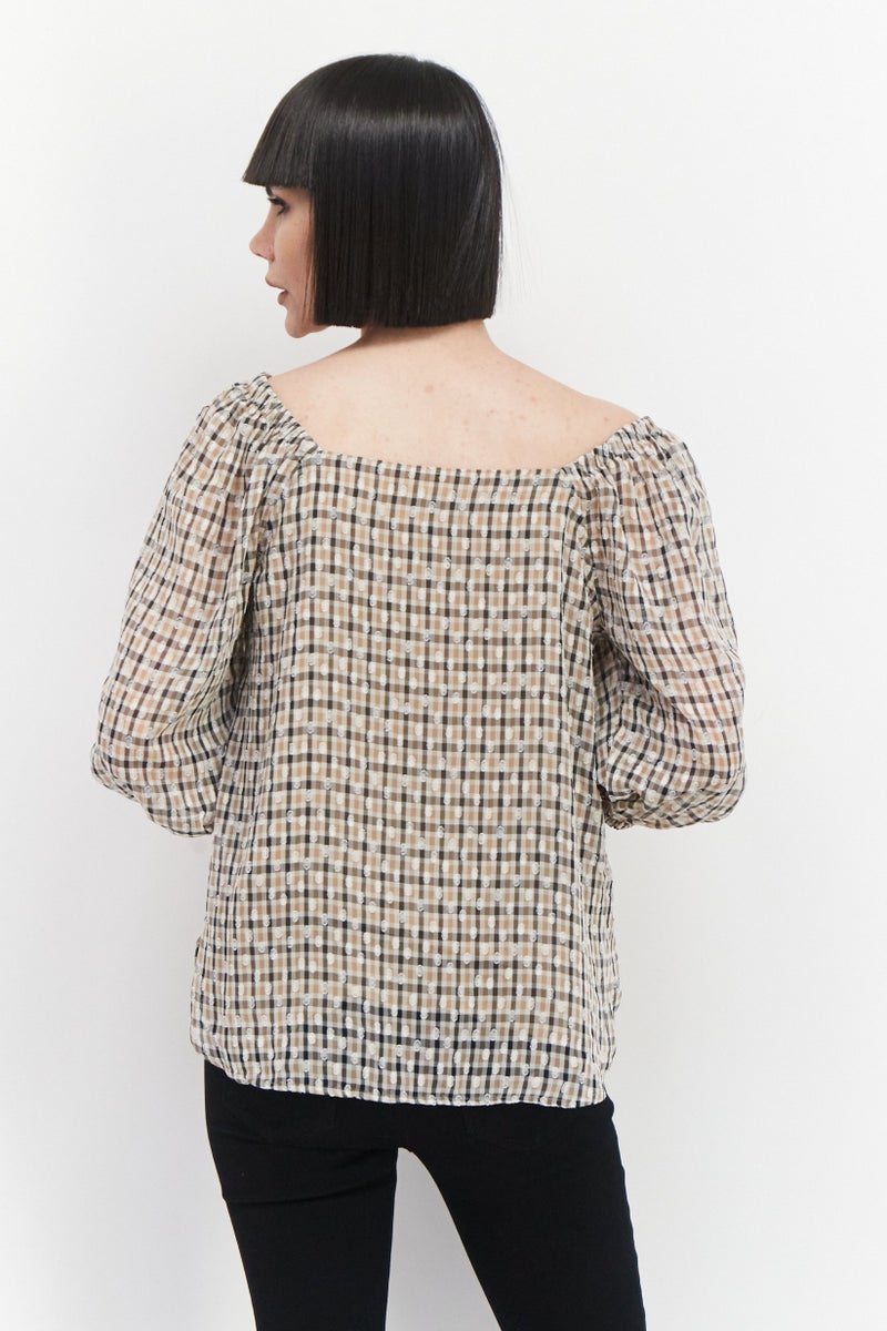 ANNE KLEIN بلوزة مربعة الرقبة للنساء بأكمام 3/4 مزخرفة، تان - Image 2