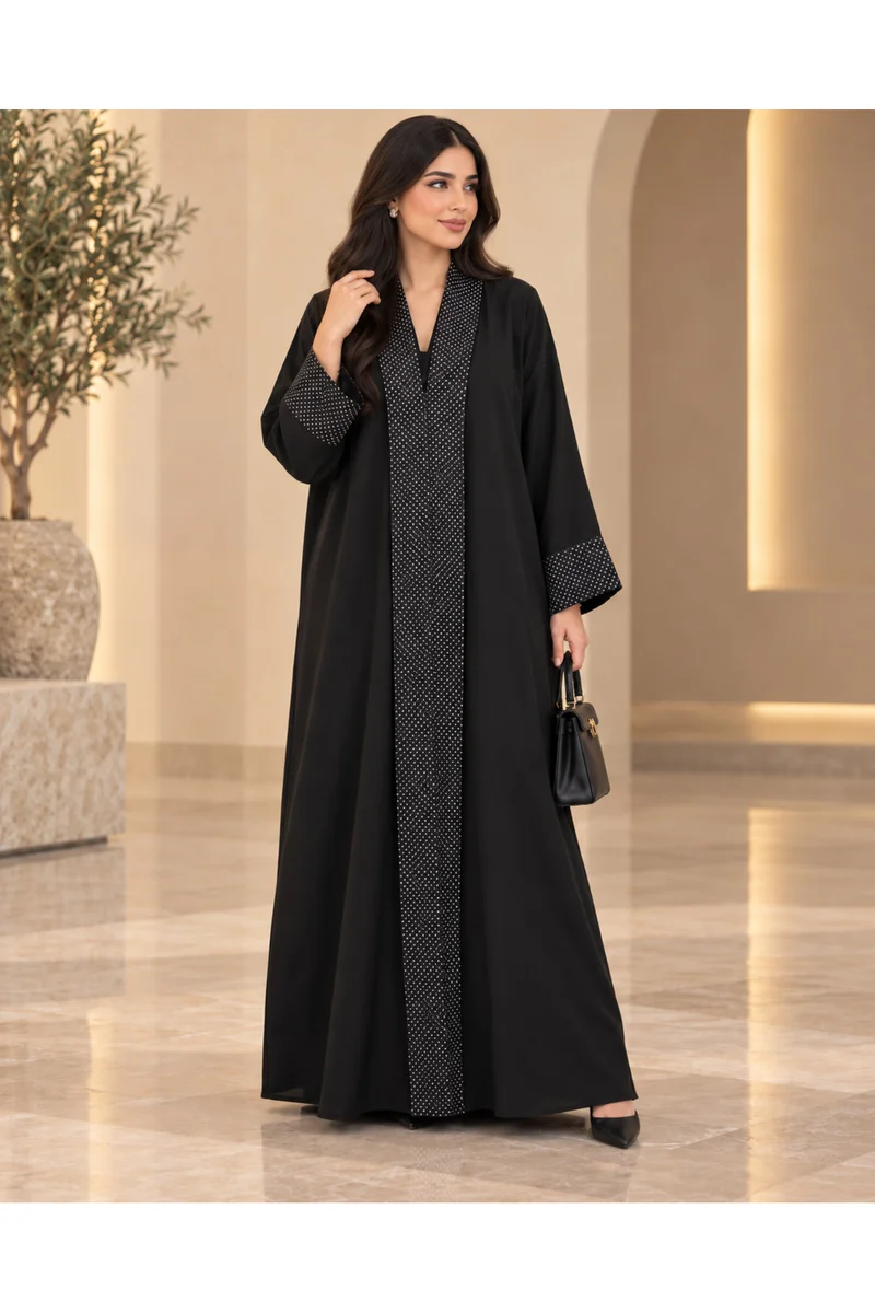 Kavalee Women's Luxury Black Closed Abaya with Micro Polka-Dot Front Panel, Matching Statement Cuffs & Hidden Button Closure