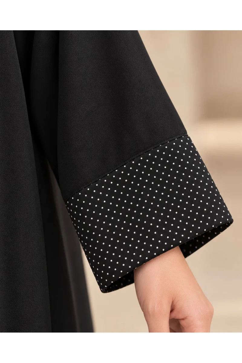 Kavalee Women's Luxury Black Closed Abaya with Micro Polka-Dot Front Panel, Matching Statement Cuffs & Hidden Button Closure