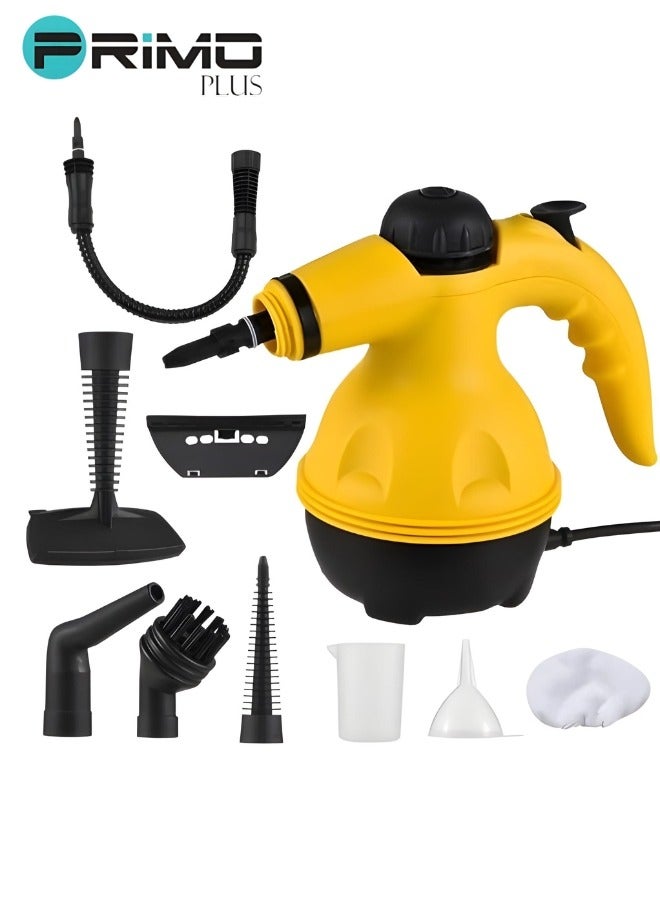 بريمو بلس منظف ​​بخار محمول باليد 1000 وات متعدد الوظائف بدرجة حرارة عالية مع 9 قطع إكسسوارات مناسبة لأريكة المطبخ ونافذة الحمام - Image 1