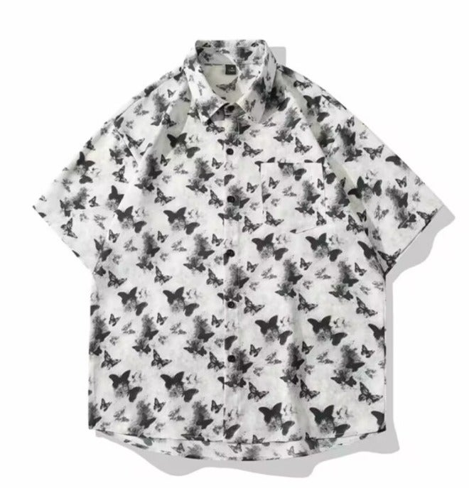 2025 Trendy Striped Shirt with Digital Print - Casual Loose Fit, Breathable Short Sleeve