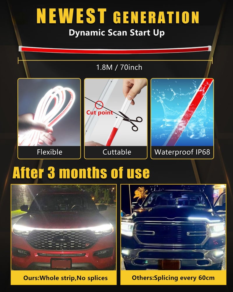 YM EBright YM E-Bright Led Hood Light Strip Exterior Led Strip Lights for Cars Waterproof Flexible DRL Dynamic Scan Start Up Hoodbeam Kit Daytime Running Light for Car,Truck,SUV,12V 70inch White,1 Set - Image 2