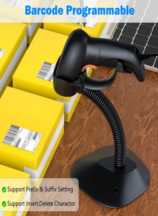 سيمكود ماسح ضوئي للرموز الشريطية أحادية الأبعاد من Symcode USB مع حامل، ماسح ضوئي سلكي محمول باليد يعمل بالليزر مع حامل مرن وكابل، لون أسود غامق - Image 3