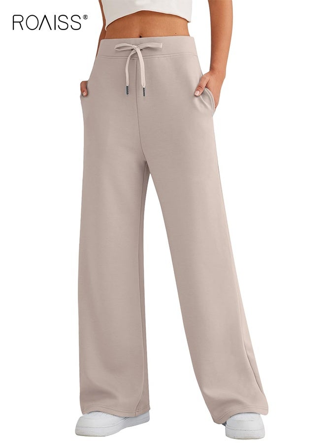 roaiss Women's Wide Leg Sweatpants Spring Fall Casual High Waist Pants, Solid Color Casual Loose Sports Lace-Up Straight Pants with Pockets - Image 1
