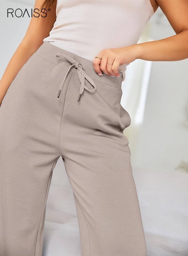 roaiss Women's Wide Leg Sweatpants Spring Fall Casual High Waist Pants, Solid Color Casual Loose Sports Lace-Up Straight Pants with Pockets - Image 3