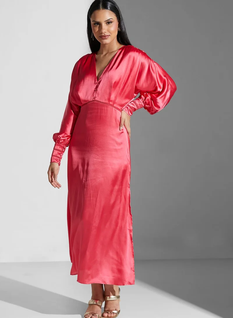 Hope & Ivy Side Split Balloon Sleeve Button Detail Dress