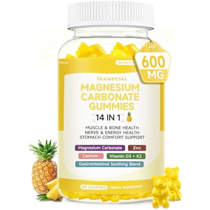 Trawecual Magnesium Carbonate Gummies 600mg for Adults, 14-in-1 Sugar Free Magnesium Gummies for Relaxation, Muscle, Bone, Energy and Digestive Comfort Support, Pineapple Flavor, 60 Gummies - Image 1