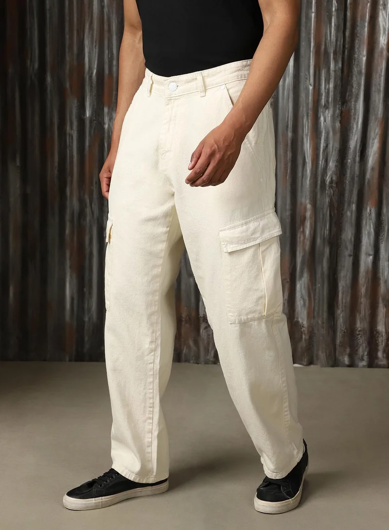 HIGH STAR Men's Ecru 100% Cotton Distressed Full Length Loose Fit Jeans