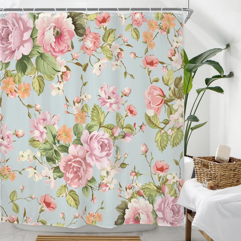 Riyidecor Pink Floral Fabric Shower Curtain for Bathroom 72Wx72H Inch Rose Floral Blooming Green Leaves for Girl Women Bathtub Accessories Decor Rustic Waterproof Fabric Bathroom 12 Pack Hooks WWNDHC